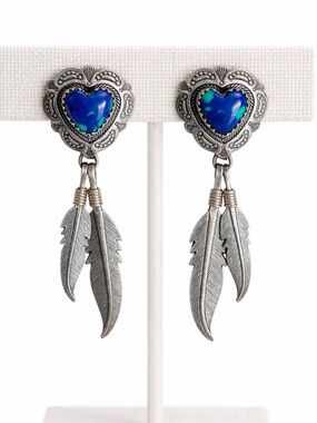 Sterling Silver Azurite Heart Dangling Feathers 925 Post Stud Earrings QT Signed